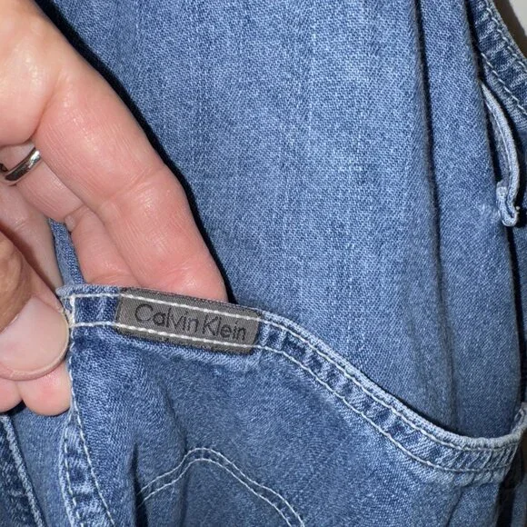 Vintage Calvin Klein Bib Overalls Shorts Jeans Denim Womens L Double Stone Wash - Picture 11 of 16